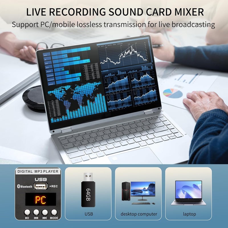 TKLBLS Audio Mixer, Professional 8 Channel DJ Mixer Board with 99-Bit DSP, Sound Board Mixing Console 7-Band EQ Output, USB Audio Interface, Bluetooth 48V Phantom Power For Karaoke Studio Streaming - Image 3